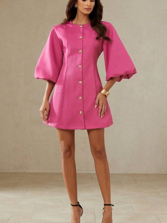 MODA ME COUTURE Dresses & Skirts - Pink Elegant Women's textured  Buttons Round Neck Lantern Sleeves Mini Dress